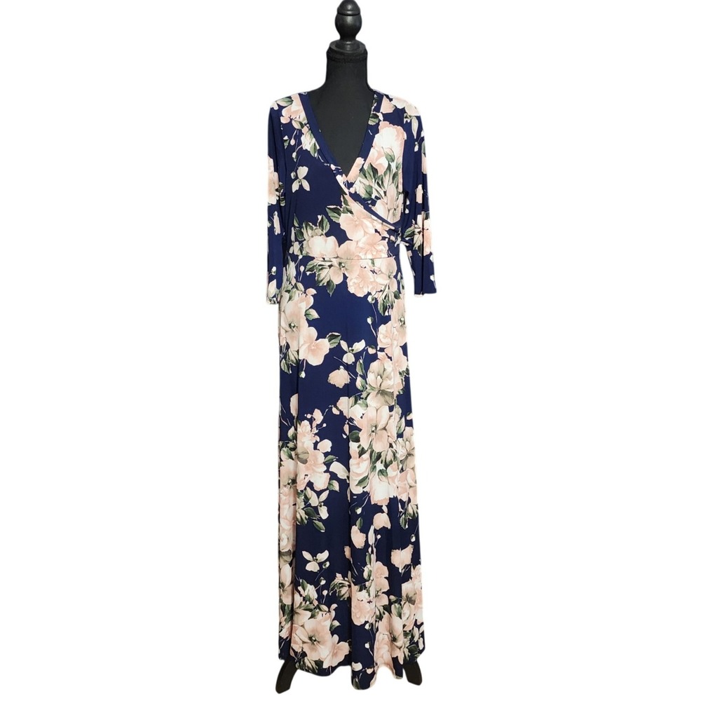 Hello Miz Maturnity Cottagecore Navy Blue Floral Faux Wrap Maxi Dress Boho XL